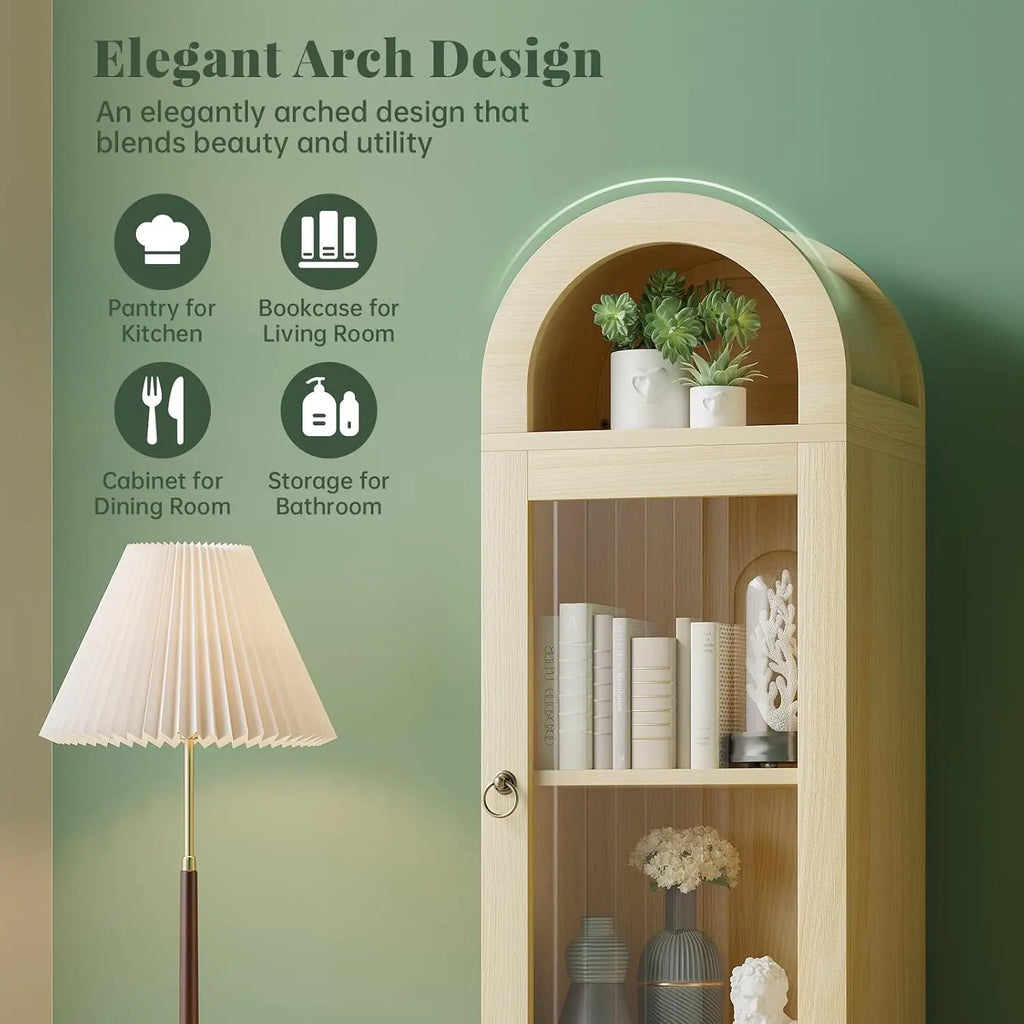 71" Tall Arched Cabinet with Acrylic Door, Modern Curio Arched Bookcase with Drawer, Display Cabinet Organizer