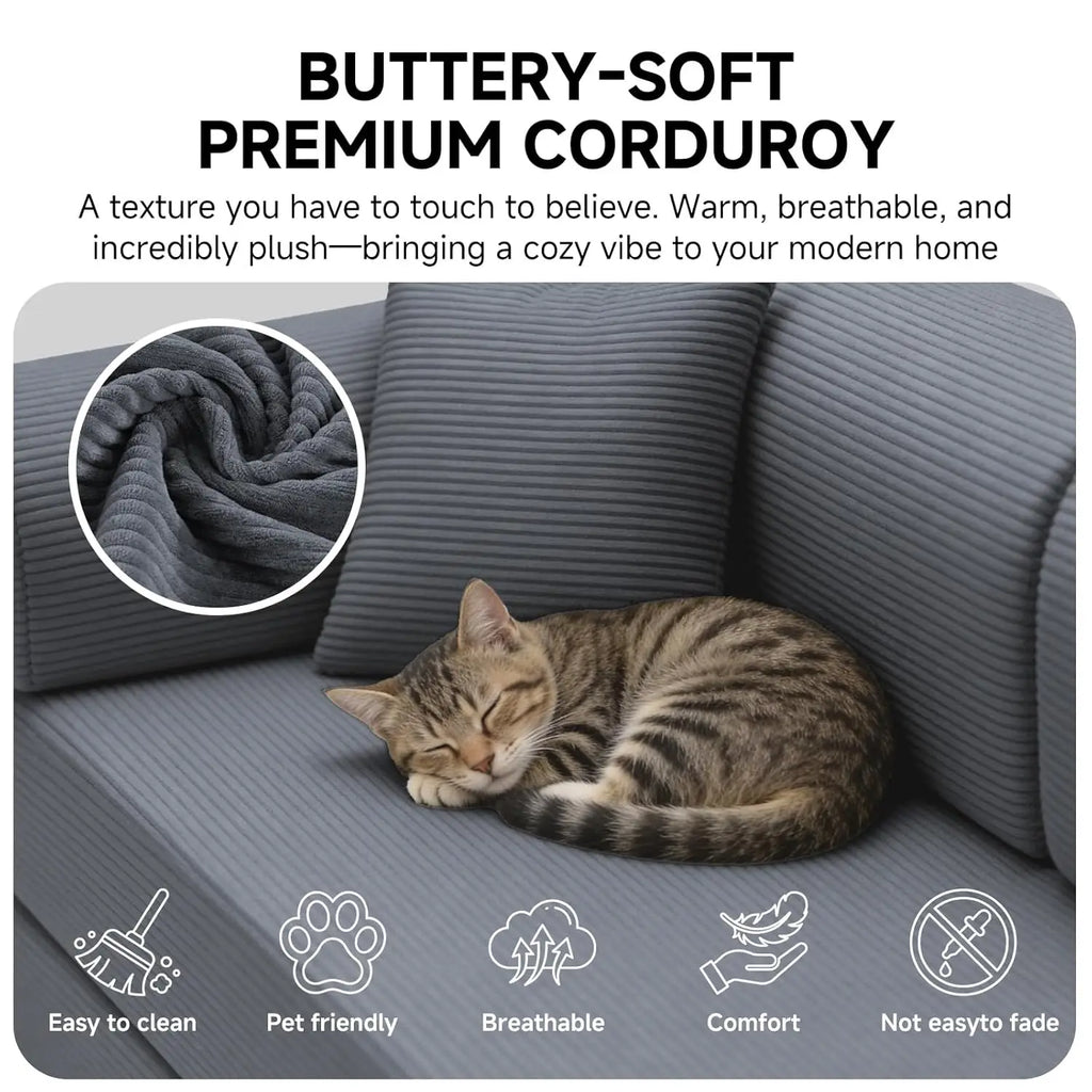 Corduroy L-Shaped Sofa with Right Facing Chaise, Boneless Couches