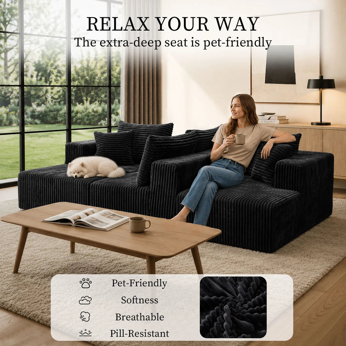 132in Modular U-Shaped Sectional Sofa with Double Chaise Lounges, 8-Piece Corduroy Oversized Pit Couch, Seats 6