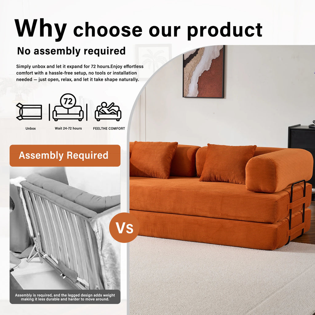 79" Corduroy Convertible Sleeper Couch with High Rebound Foam Folding Sofa Bed, Orange