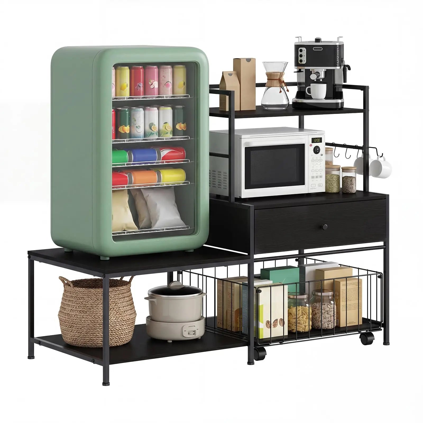 260 lb. L-Shaped Utility Bakers Rack with Mini Fridge Space, 5-Tier Microwave Stand and Coffee Station