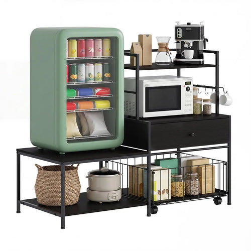 260 lb. L-Shaped Utility Bakers Rack with Mini Fridge Space, 5-Tier Microwave Stand and Coffee Station
