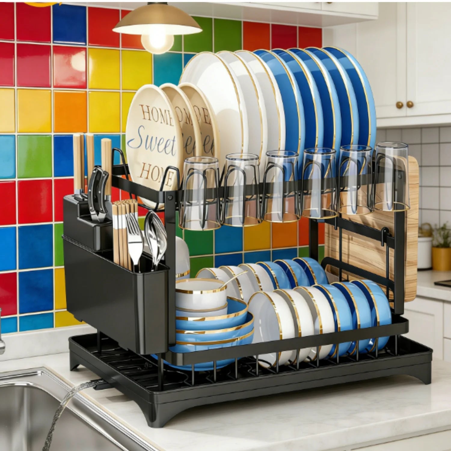 2-Tier Multifunctional Countertop Dish Organizer