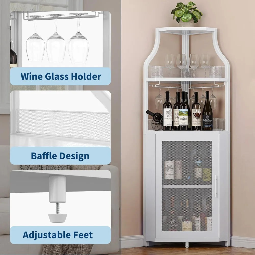 5-Tier Corner Wine Cabinet with Wine Rack & Glass Holder