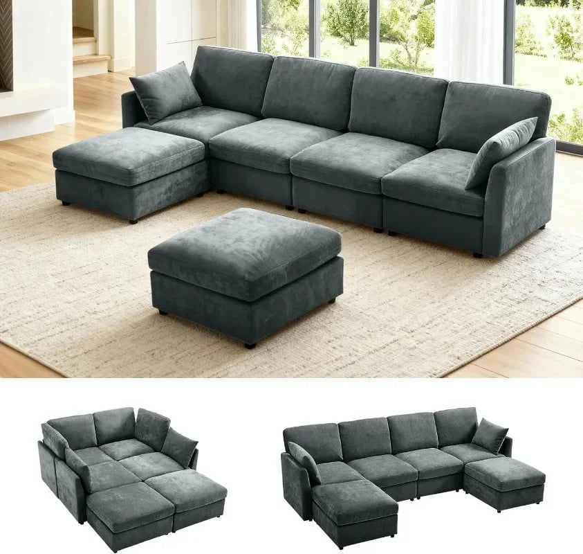 Iroomy  Modern Chenille 4 Setter Sectional, L Shaped Convertible Sofa with Ottoman