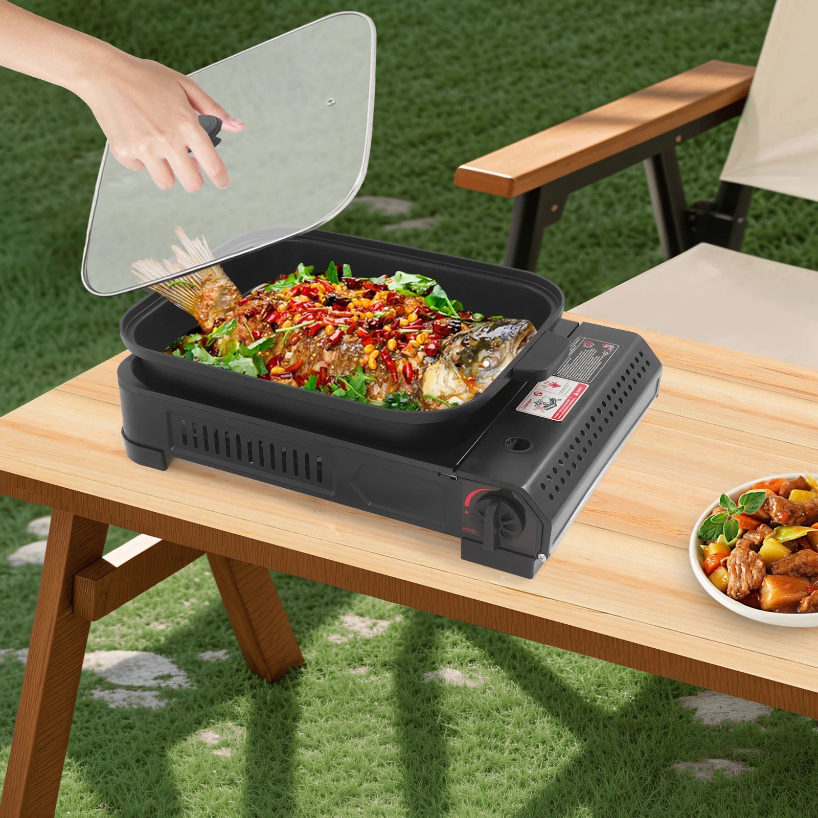 Portable Butane Gas Grill with Non-Stick Tempered Glass Lid for Kitchen