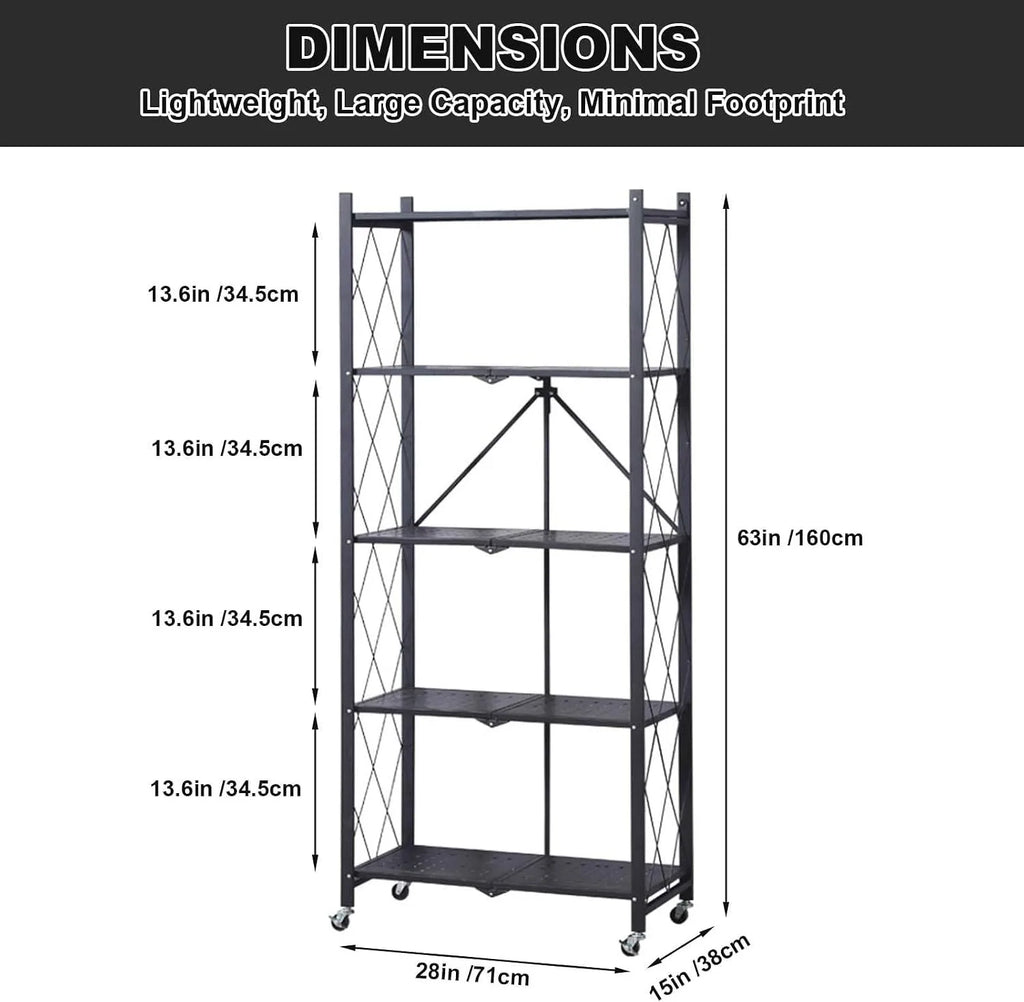Heavy Duty 5-Tier Collapsible Metal Storage Rack with Wheels