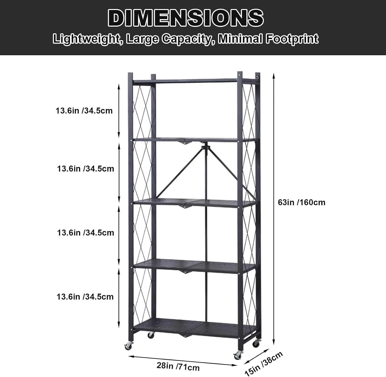 Heavy Duty 5-Tier Collapsible Metal Storage Rack with Wheels