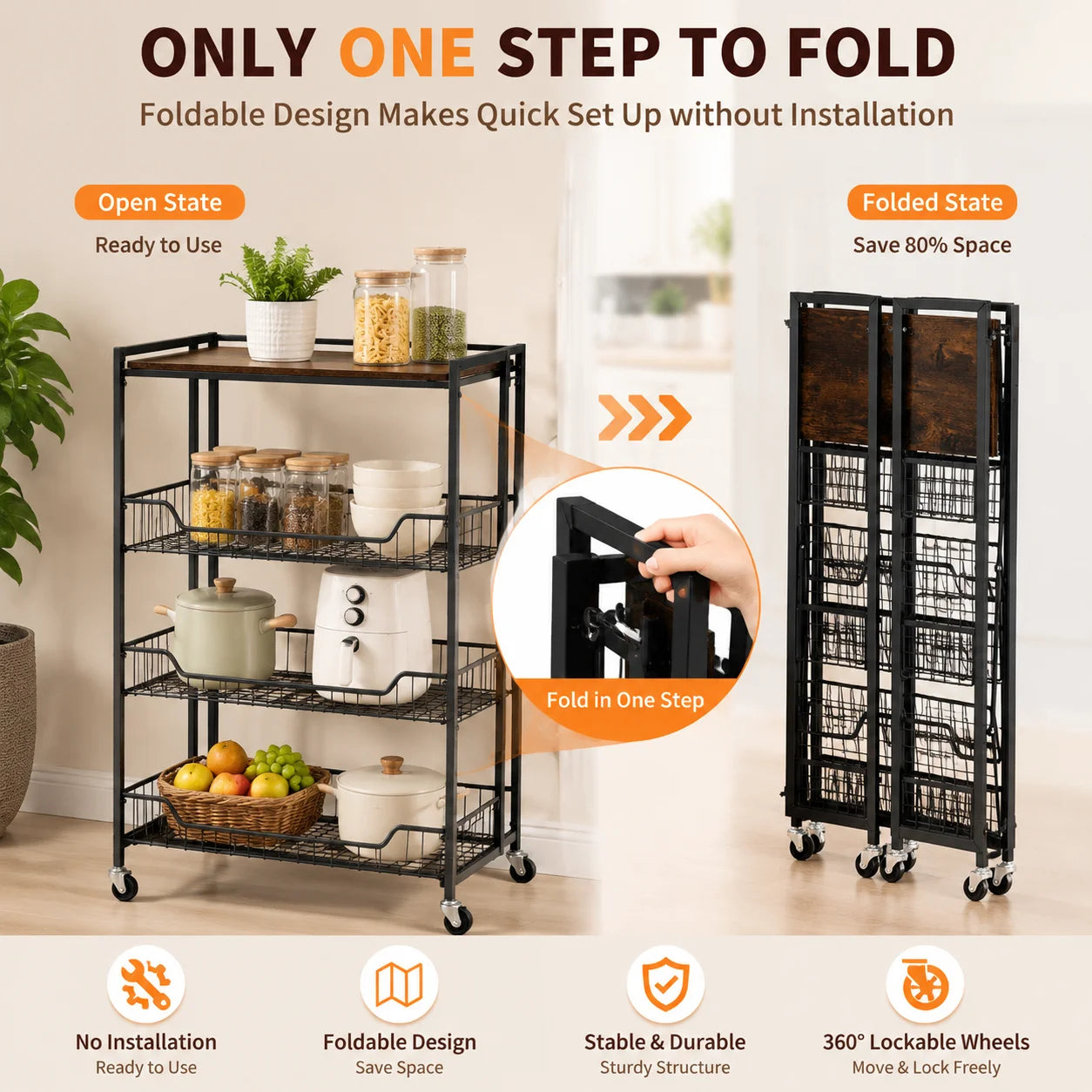 Large 4-Tier Foldable Storage Cart with Lockable Casters, 100 lbs. Capacity Expandable Kitchen Organizer