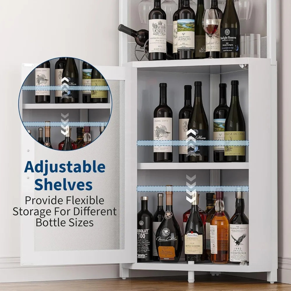 5-Tier Corner Wine Cabinet with Glass Holder, White