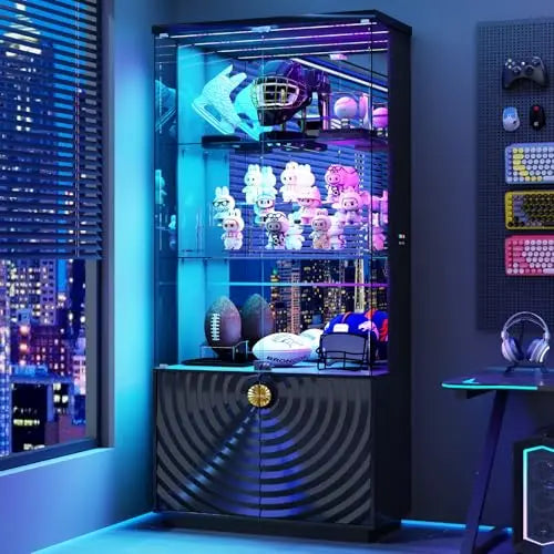 Curio Cabinet with RGB Lights,10-Tier Shelving with Motion Detector