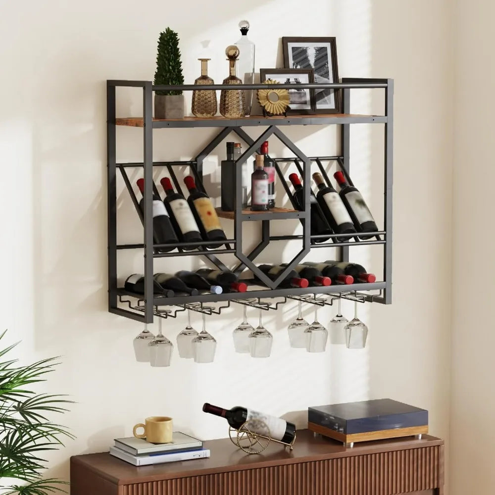 Wall Mount 3-Tier Wine Rack with Stemware Holder, Remote LED Lights