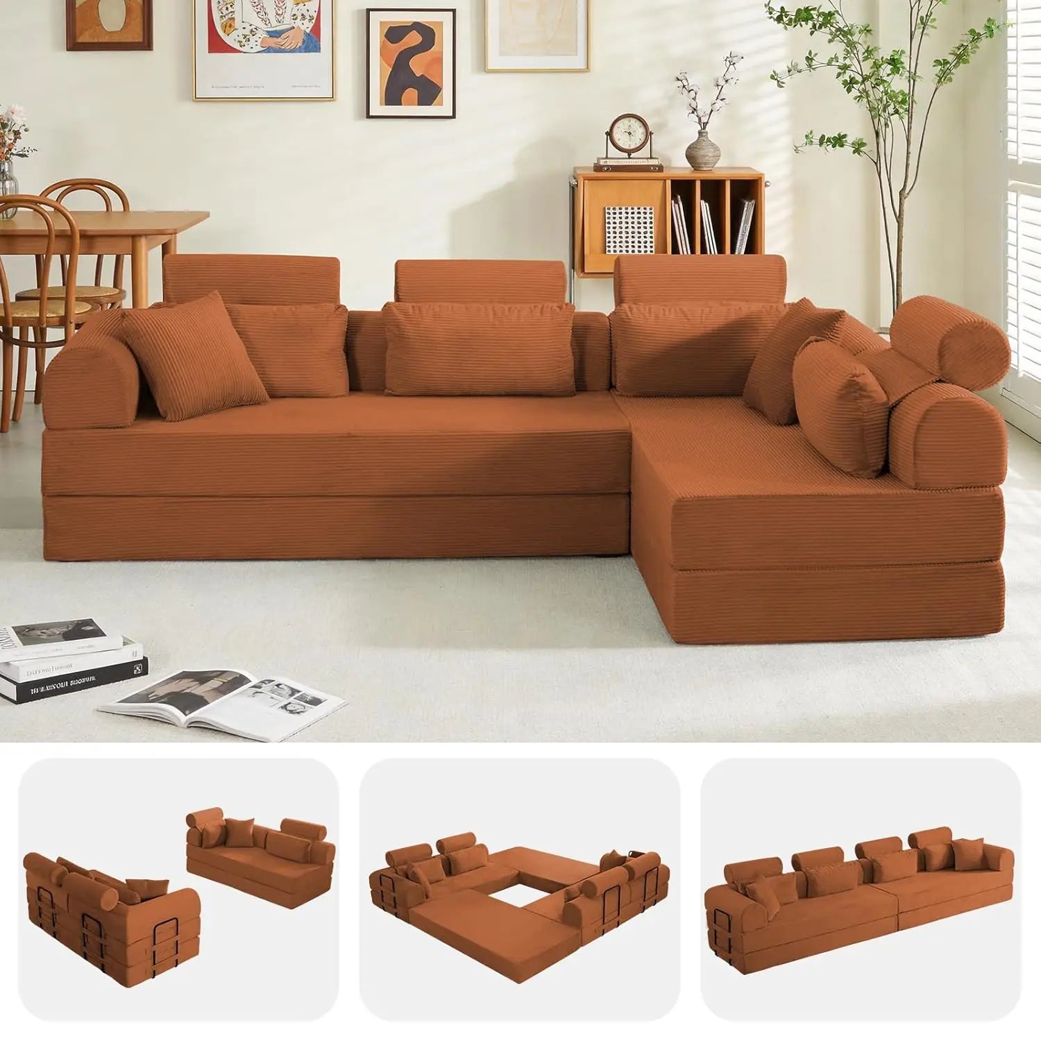 Corduroy L-Shaped Sofa with Right Facing Chaise, Boneless Couches