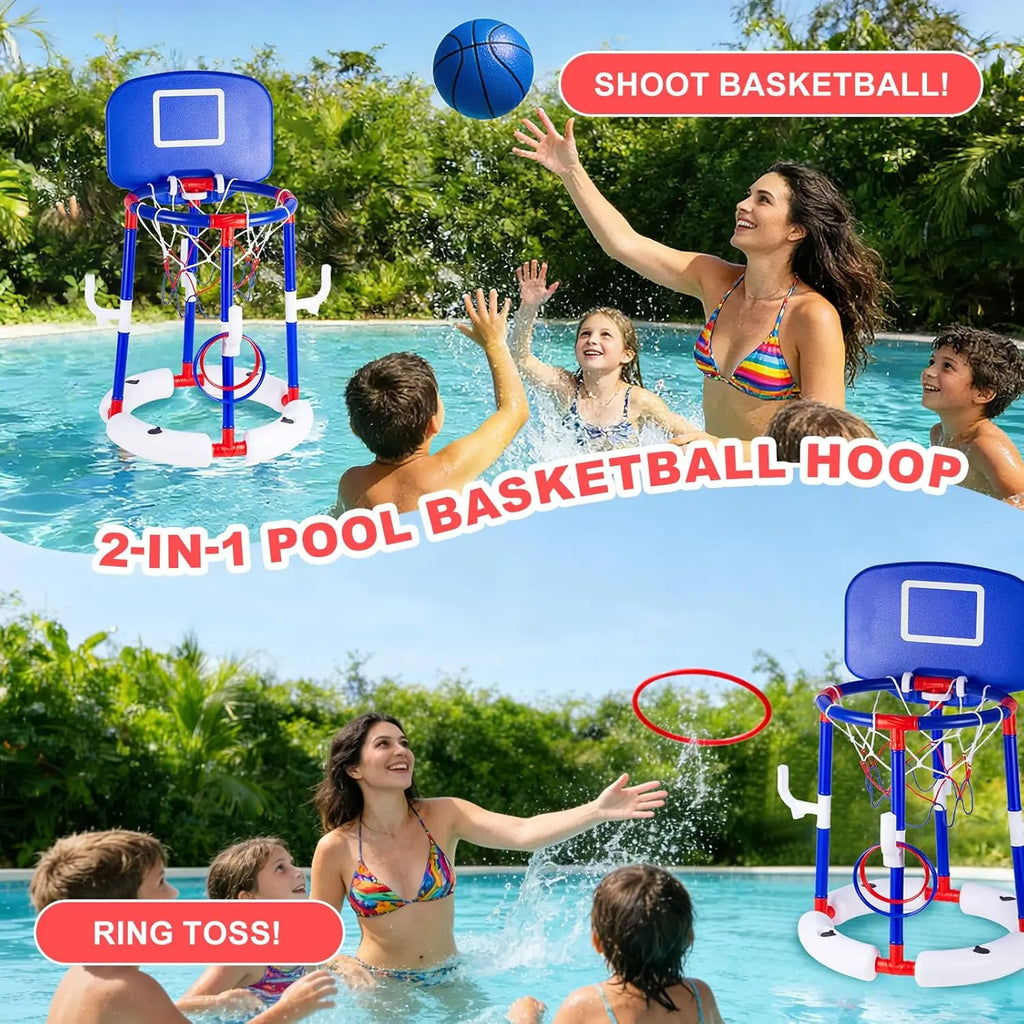 Floating Pool Basketball Hoop Set 2-in-1 Pool Game with Backboard & Ring Toss, Stable Anti-Tip Base, 2 Balls, Rings & Pump