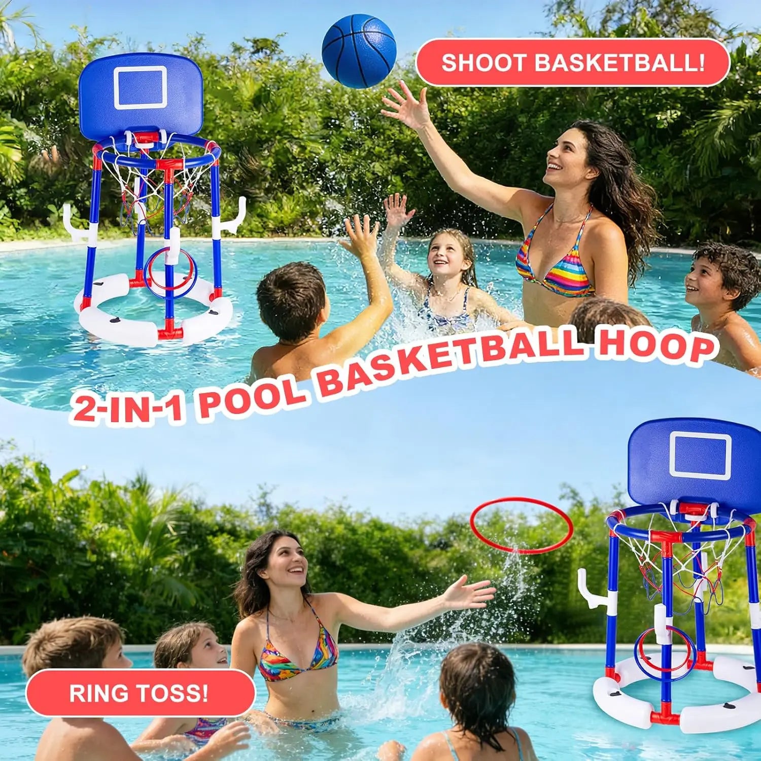 Floating Pool Basketball Hoop Set 2-in-1 Pool Game with Backboard & Ring Toss, Stable Anti-Tip Base, 2 Balls, Rings & Pump