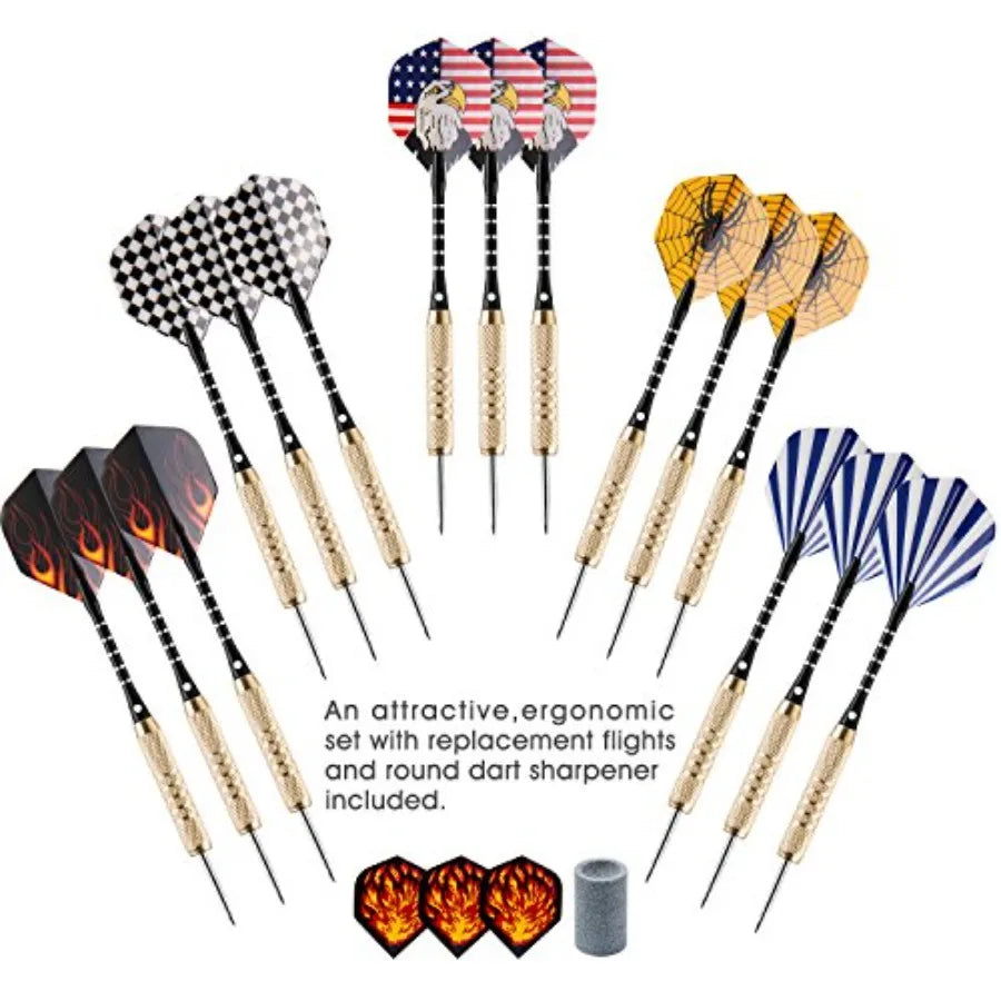 UZOPI 15 Packs Steel Tip Darts 18 Grams with Dart Sharpener, 3 Extra Flights, Aluminum Shafts, and Brass Barrels