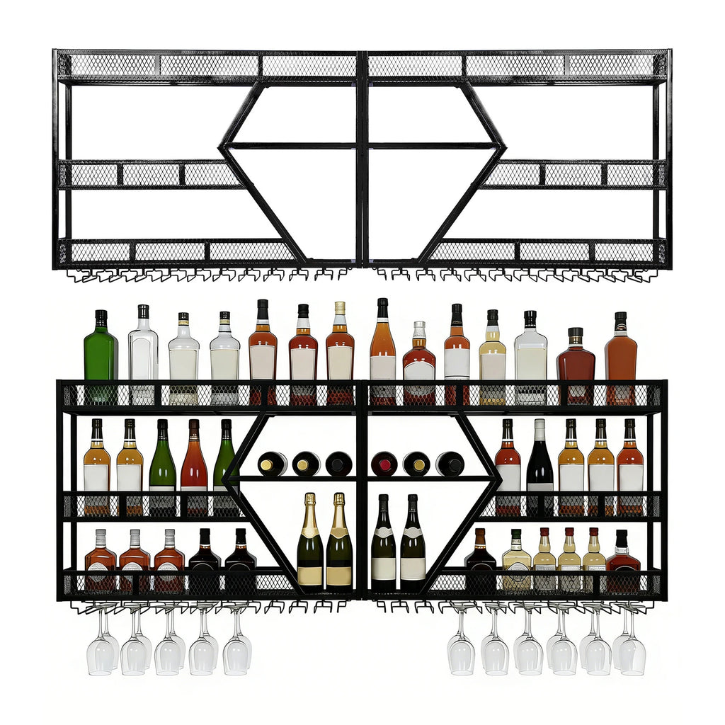 3/4 Tier Wall Mounted Wine Storage Display with Glass Holder