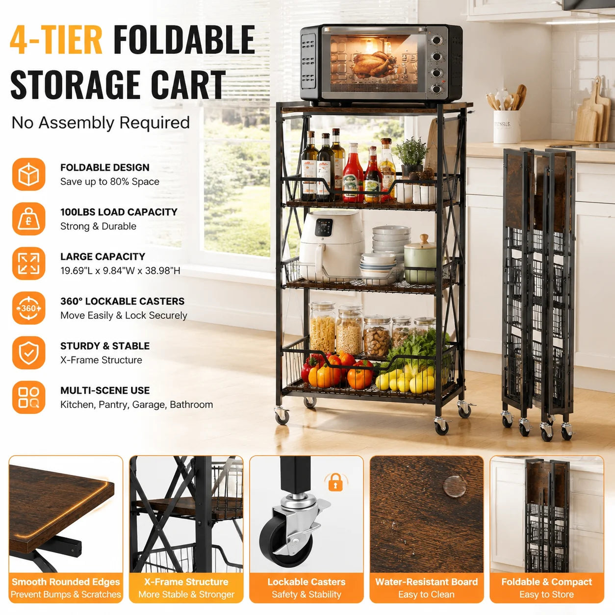 Large 4-Tier Foldable Storage Cart with Lockable Casters, 100 lbs. Capacity Expandable Kitchen Organizer