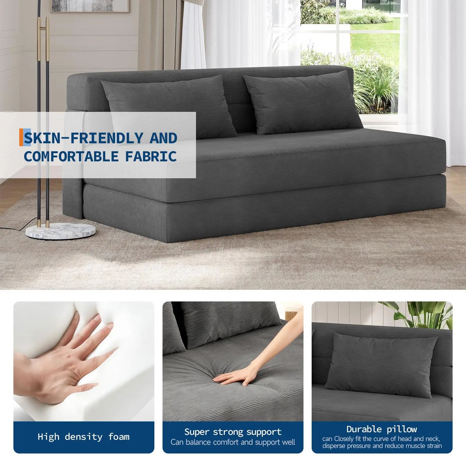 4-in-1 Folding Corduroy Sofa Bed with Pillow