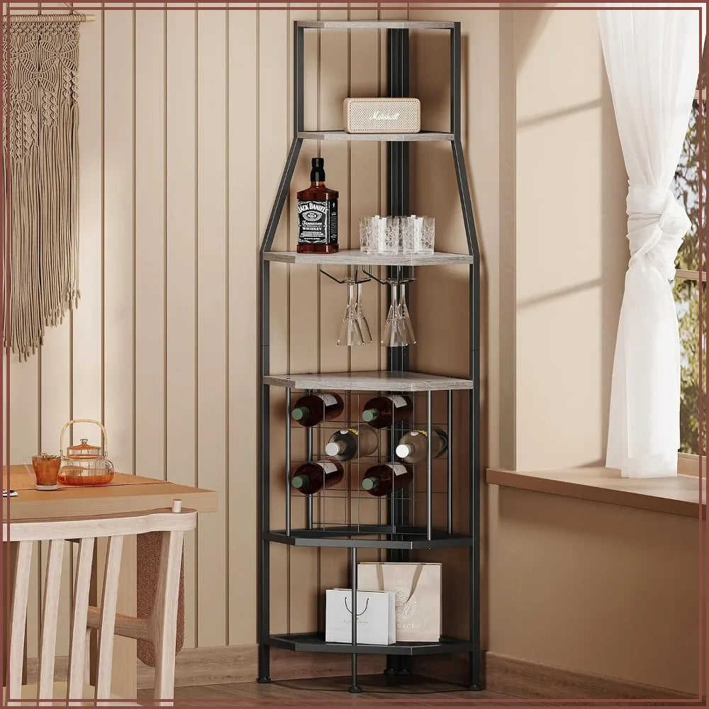 5-Tier Corner Wine Rack with Glass Holder