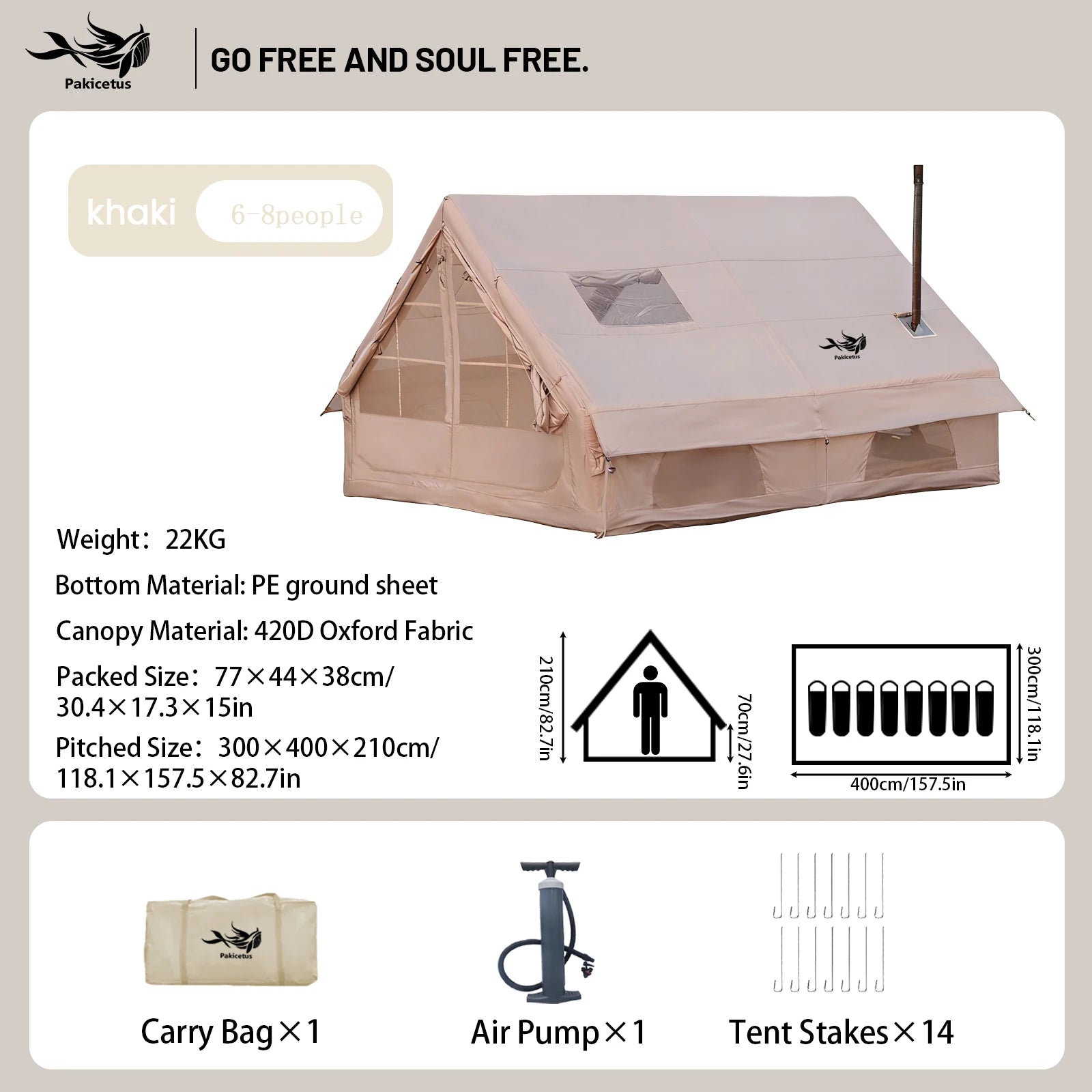 Pakicetus Portable Air Tent with Carry Bag for 4-8 Persons