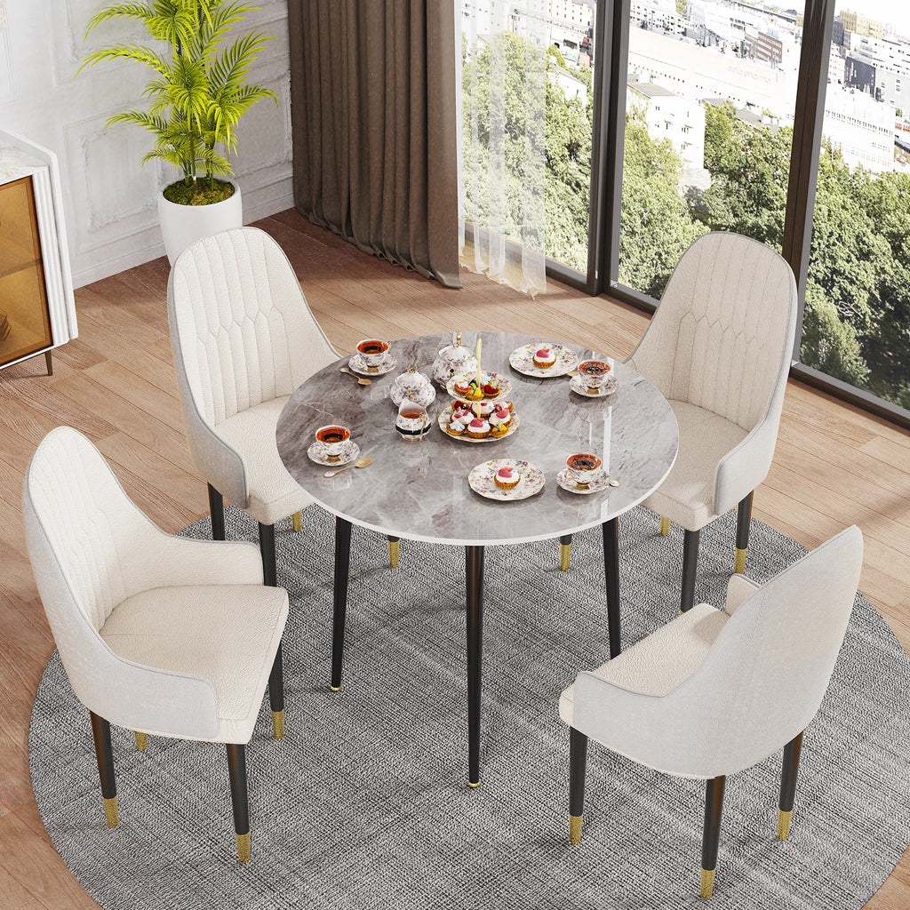 32" Round Sintered Marble/Stone Dining Table with Black Metal Legs for 2-4 People