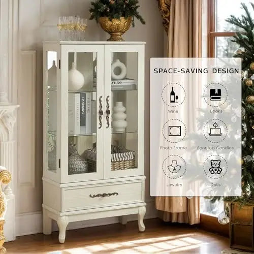 52" Lighted Accent Curio Cabinet, 3-Tier Antique Storage Cabinet with Tempered Glass Adjustable Shelves & Drawer