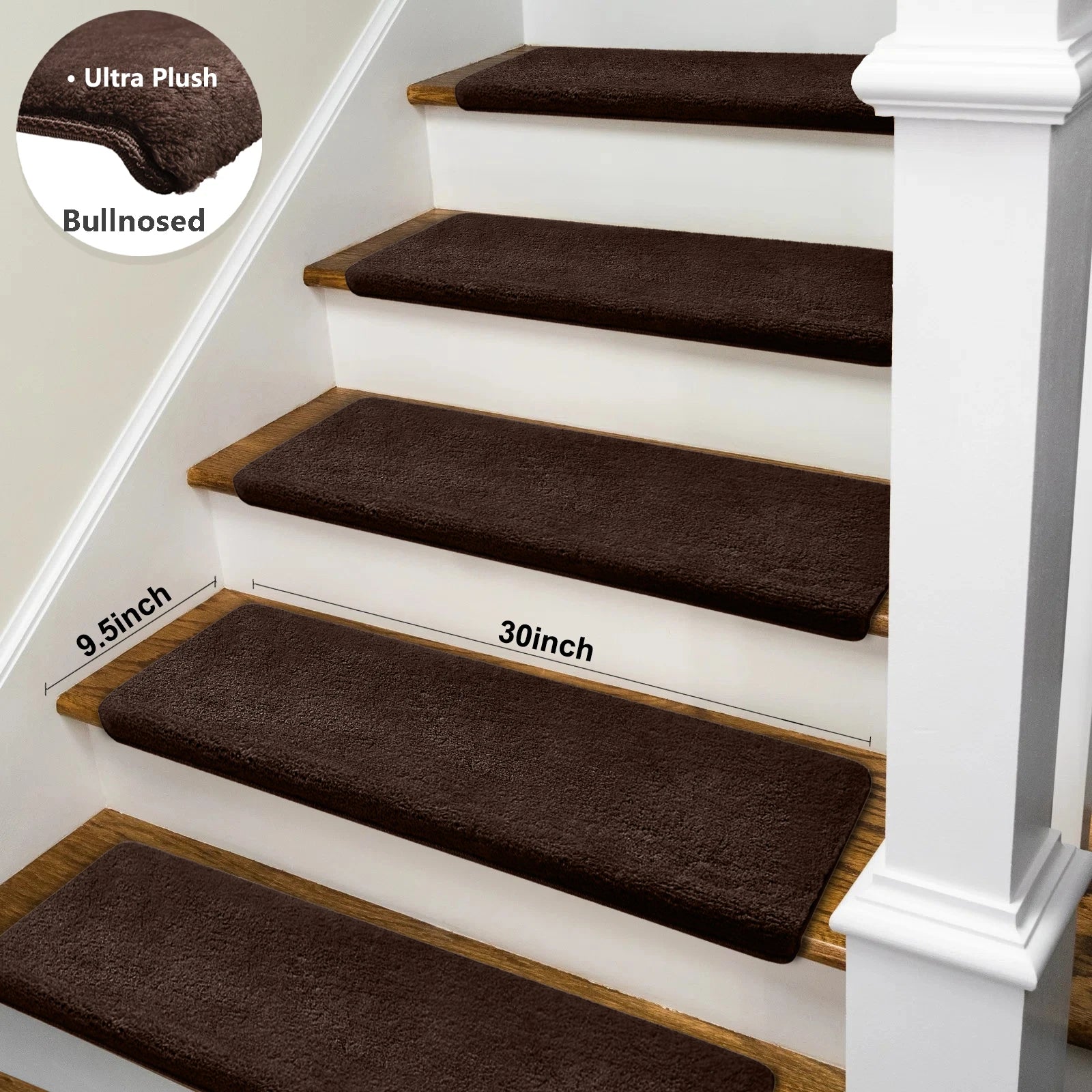 Bullnose Self-Adhesive Mats Non-Slip Stair Treads Ultra Plush Washable Decor