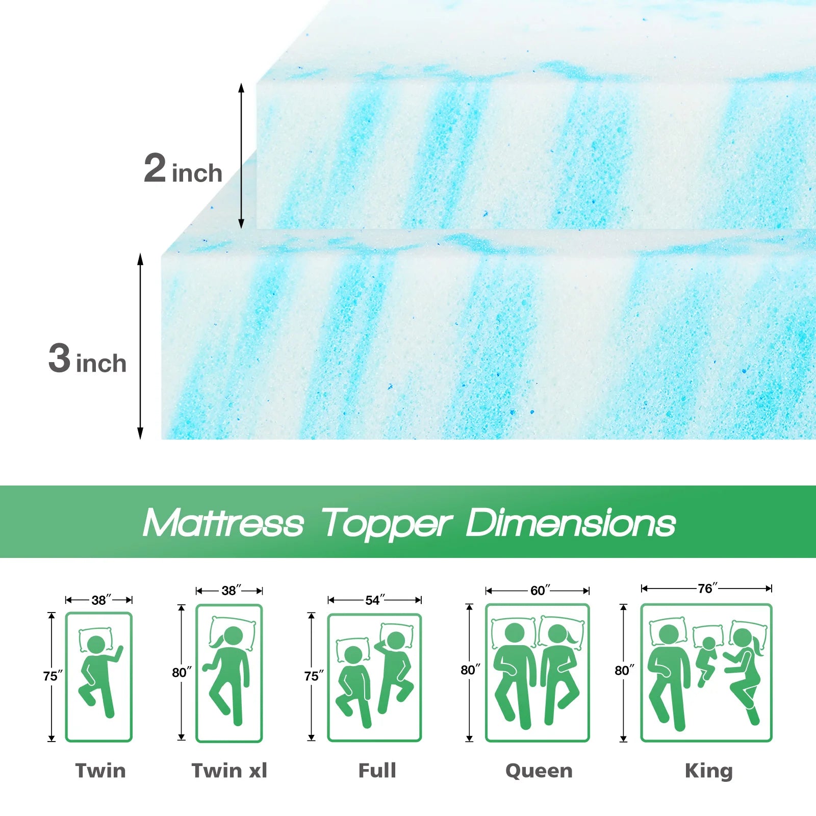 JHK Full Size 2" Gel Memory Foam Mattress Topper Cooling and Breathable