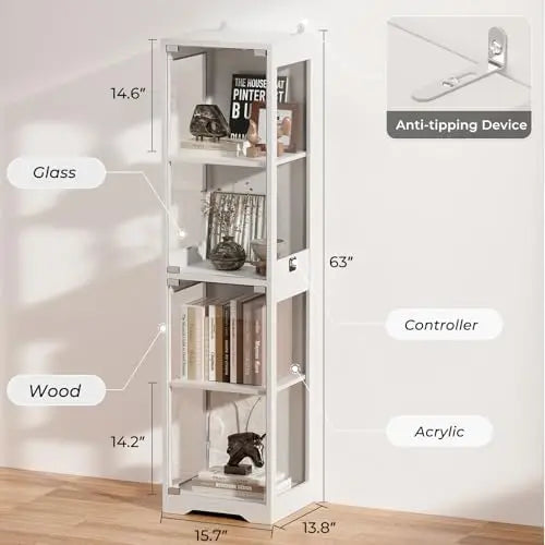 Curio Cabinet, 4-Tier Shelves, 3 Color LED Lights, with Door