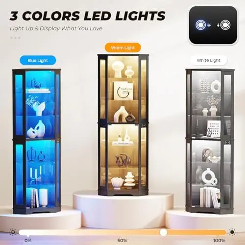 71" Curio Cabinet 6 Tier Shelves, 3 Color LED Lighting with Motion Detector