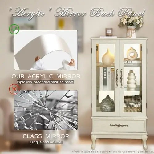 52" Lighted Accent Curio Cabinet, 3-Tier Antique Storage Cabinet with Tempered Glass Adjustable Shelves & Drawer