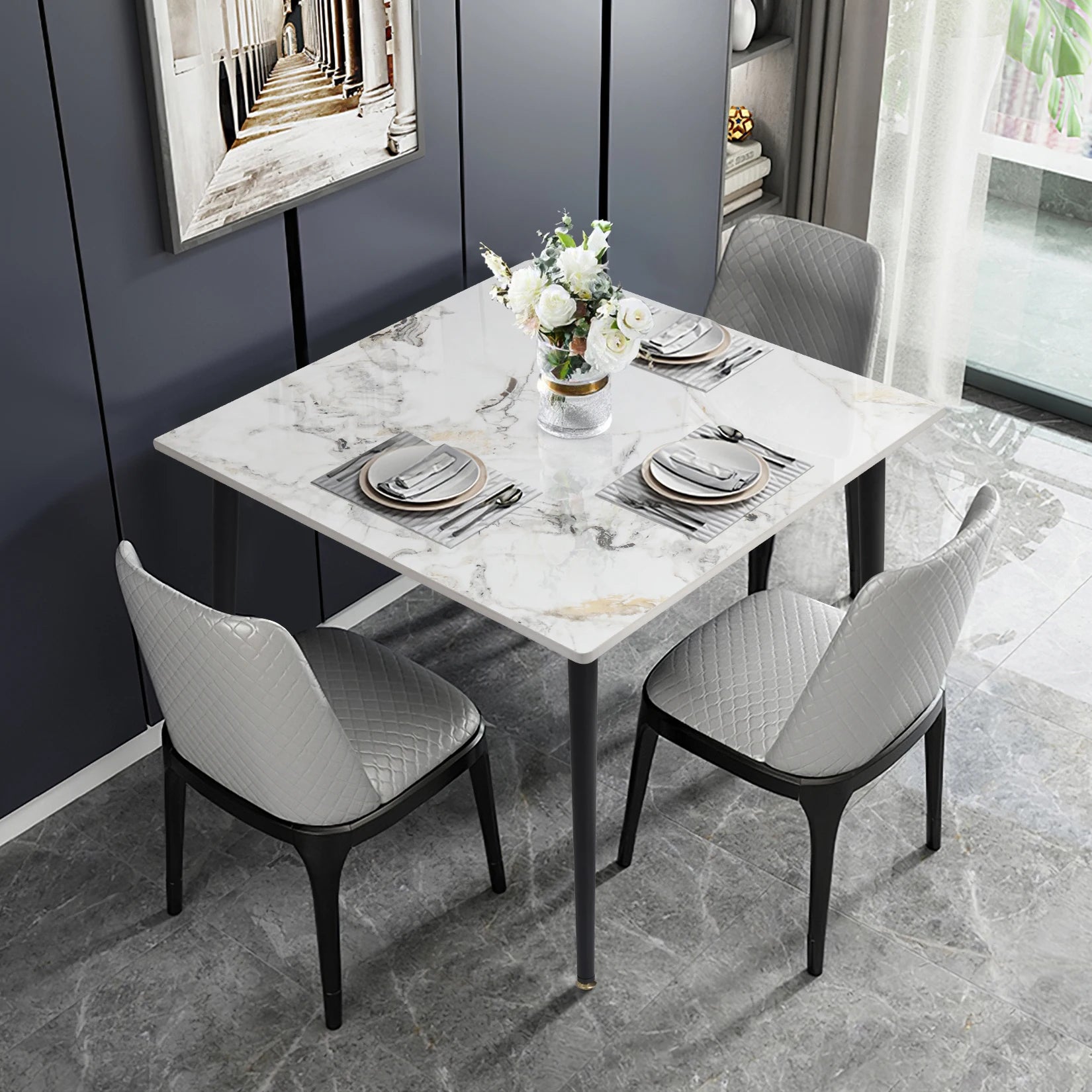 Mid-Century Stone and Marble Dining Table with Metal Legs for 4 People
