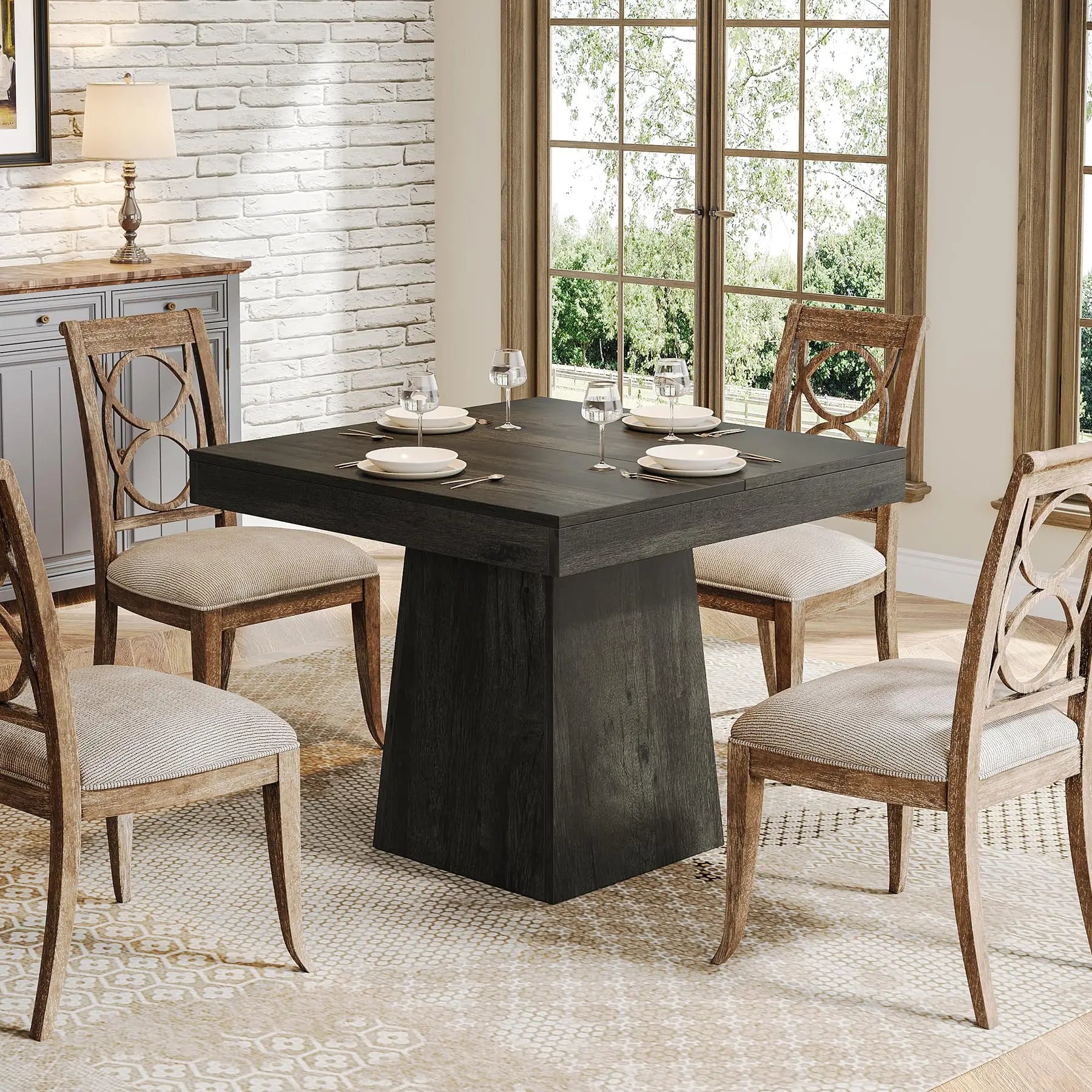 Tribesigns Wooden Square Dining Table with Heavy Duty Pedestal Base for 4 People