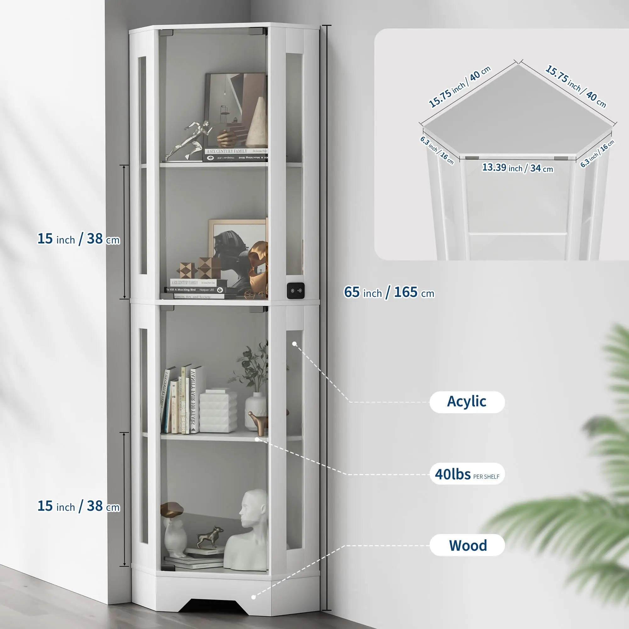 Corner Curio Showcase with 4 Tiers Shelves, 3 Color LED Lighting with Smart Motion Detector
