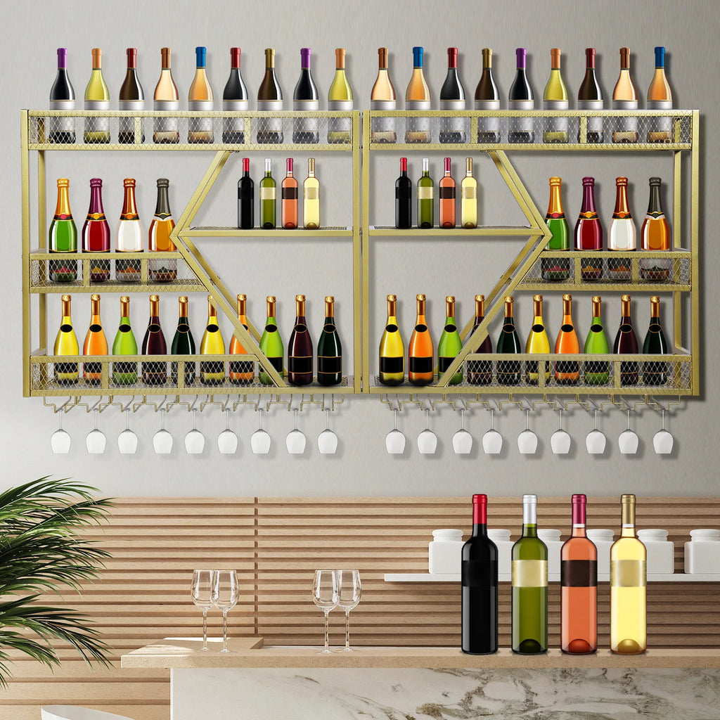 Metal Wine Bottles Display Storage Shelf with Glass Holder