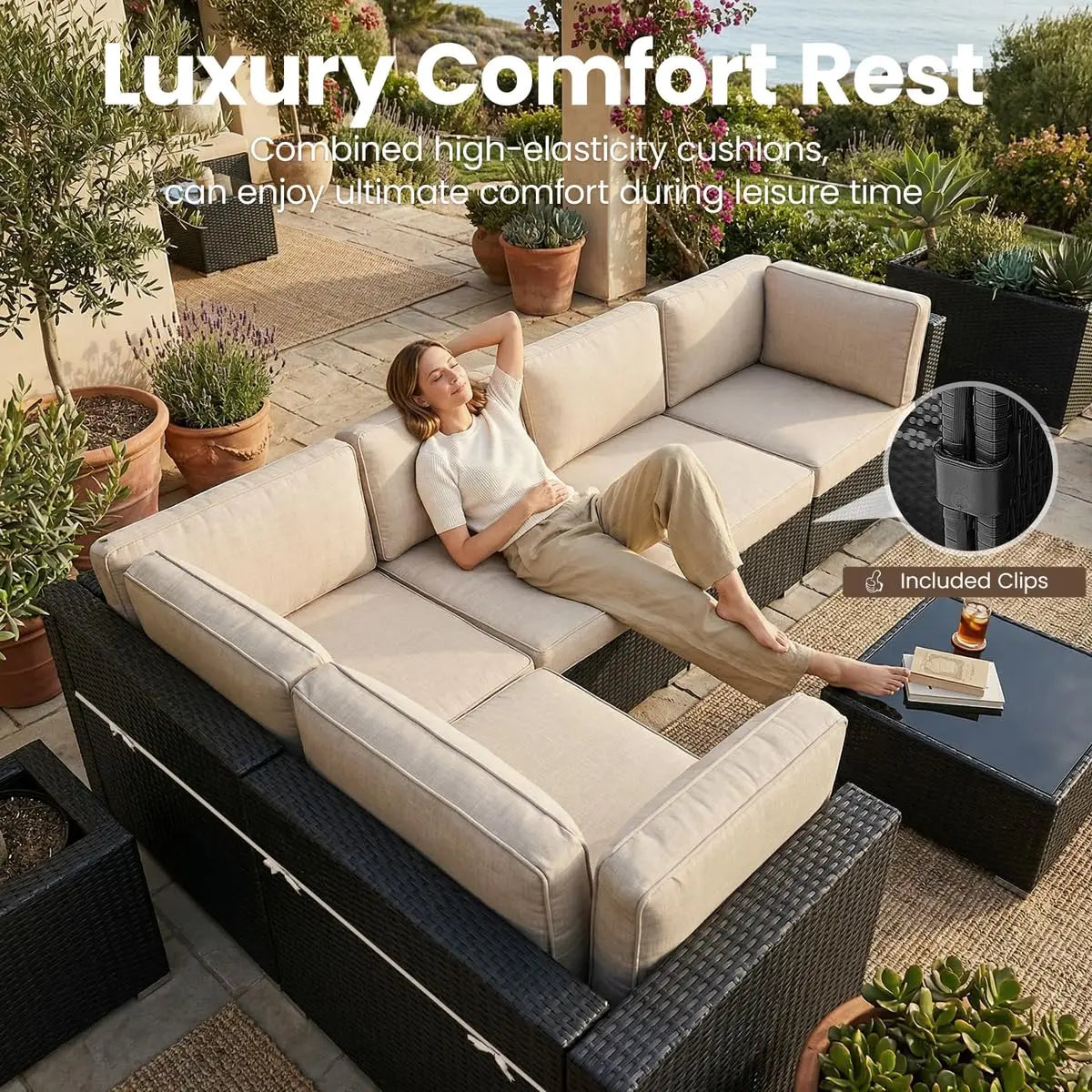 8 Pieces Outdoor Sectional Wicker Patio Furniture Set with 44" Propane Gas Fire Pit Table Customized