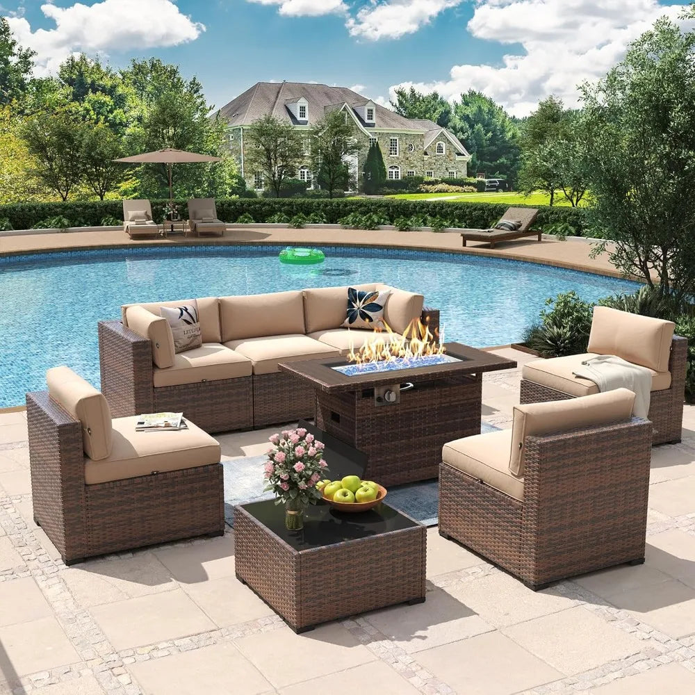 8 Piece Wicker Ratton Outdoor Sectional Patio Furniture Set with 44” Fire Pit Table
