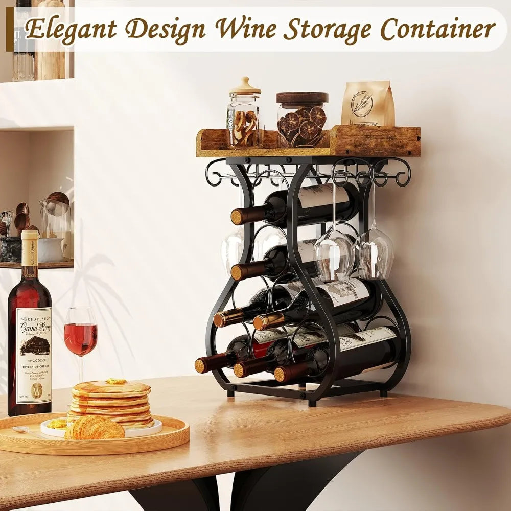 Rustic Wood Top 7 Bottles Wine Rack with Tabletop Surface 4 Glass Holder Storage