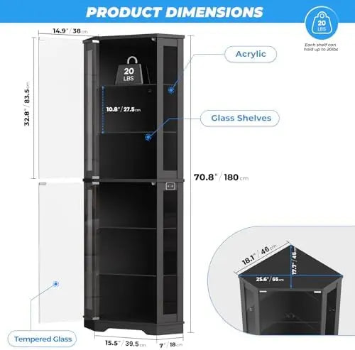 71" Curio Cabinet 6 Tier Shelves, 3 Color LED Lighting with Motion Detector