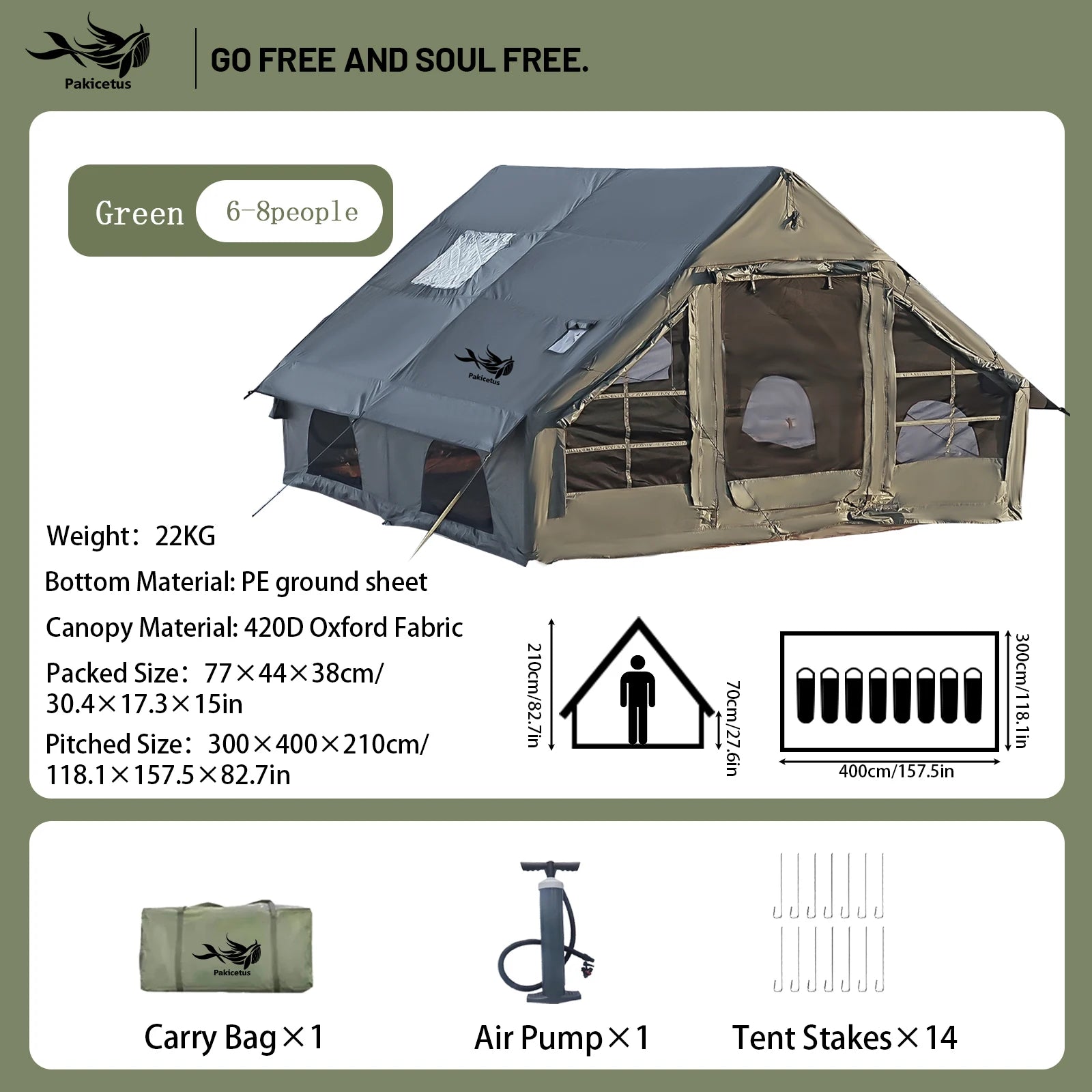 Pakicetus Portable Air Tent with Carry Bag for 4-8 Persons
