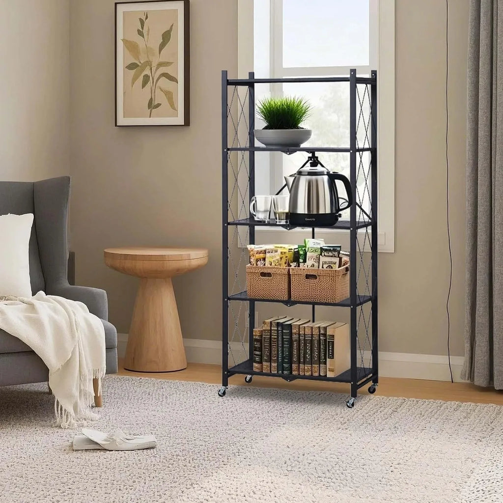 Heavy Duty 5-Tier Collapsible Metal Storage Rack with Wheels