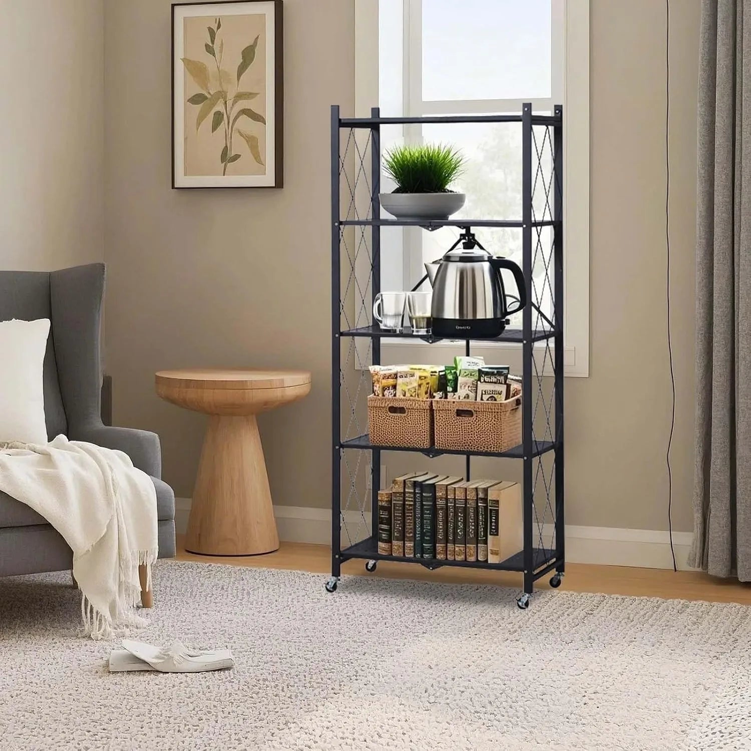 Heavy Duty 5-Tier Collapsible Metal Storage Rack with Wheels