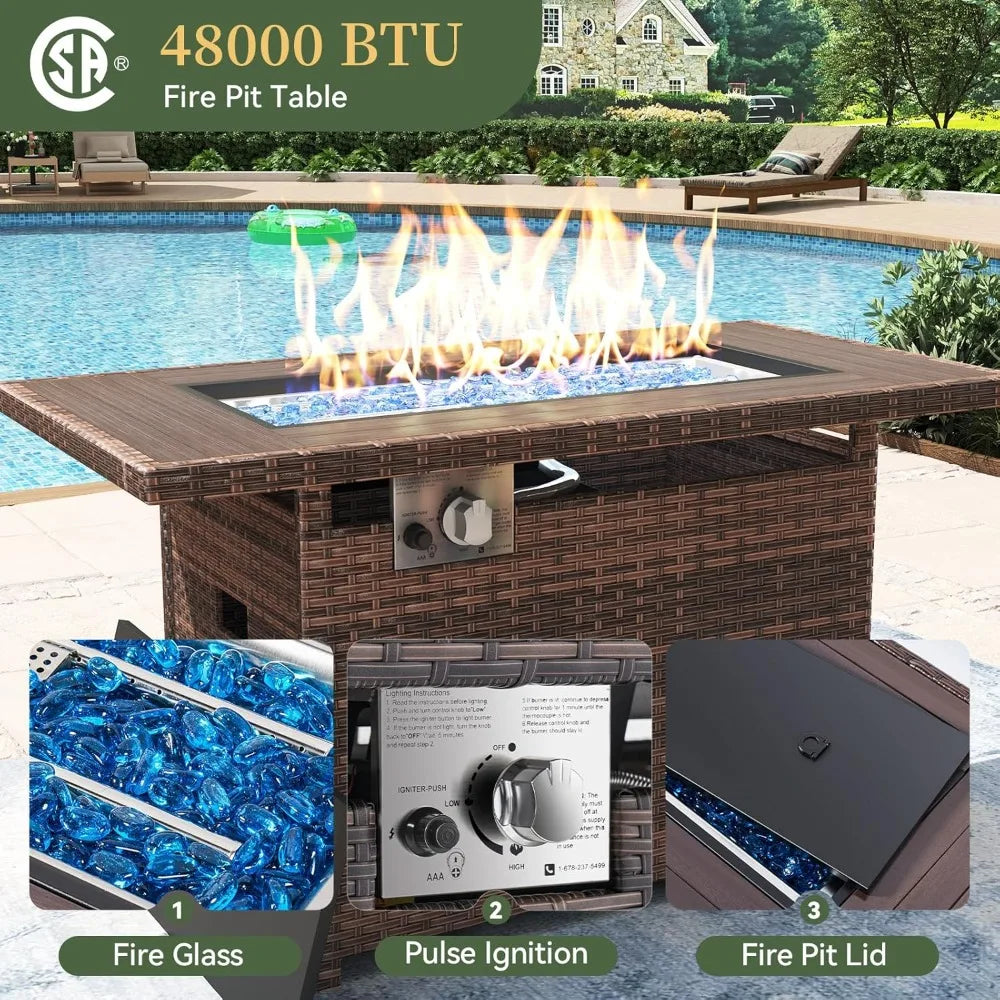 8 Piece Wicker Ratton Outdoor Sectional Patio Furniture Set with 44” Fire Pit Table