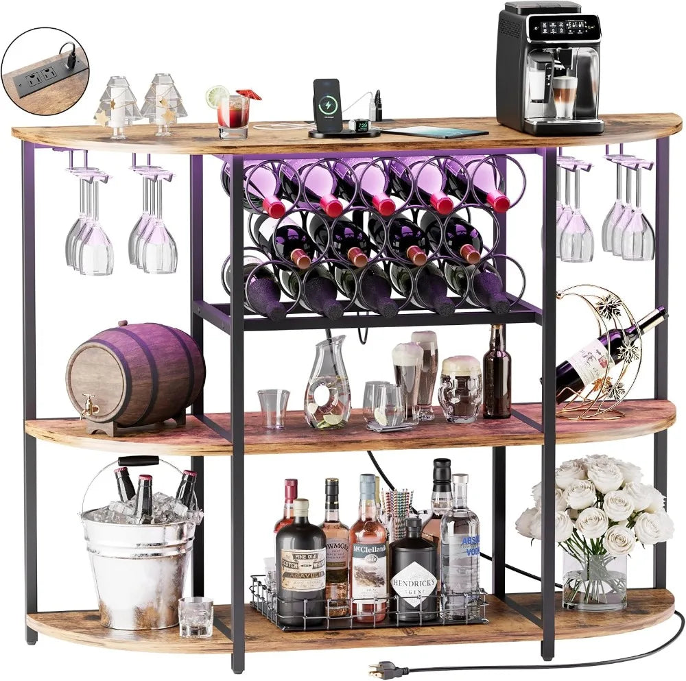 Liquor Cabinet with Glass & Wine Racks, Multi Color LED Light and USD Port