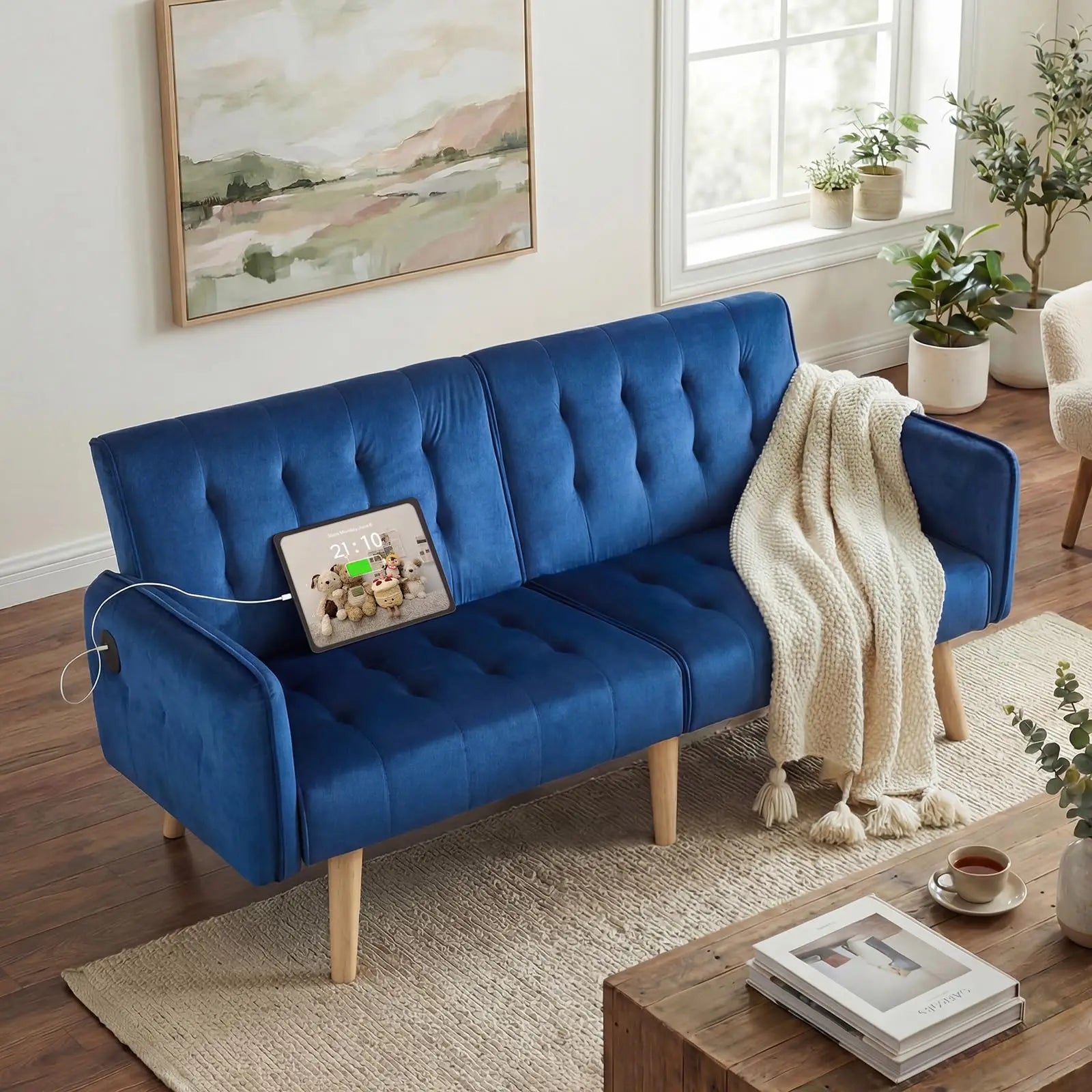 TYBOATLE Brown Faux Leather Futon Sofa Bed Convertible Sleeper Loveseat 2 USB Ports