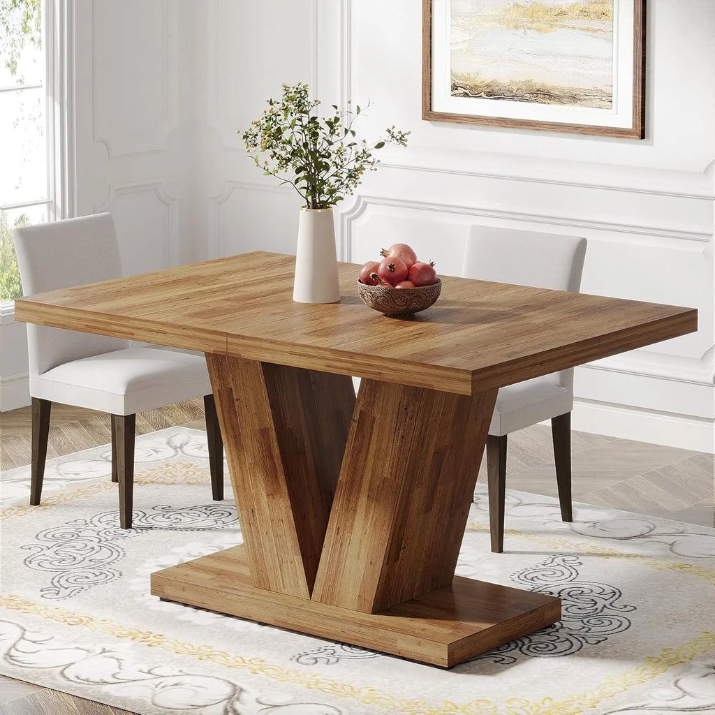 LITTLE TREE 47"Walnut Dining Table with V-Shaped Wooden Base for 4 People