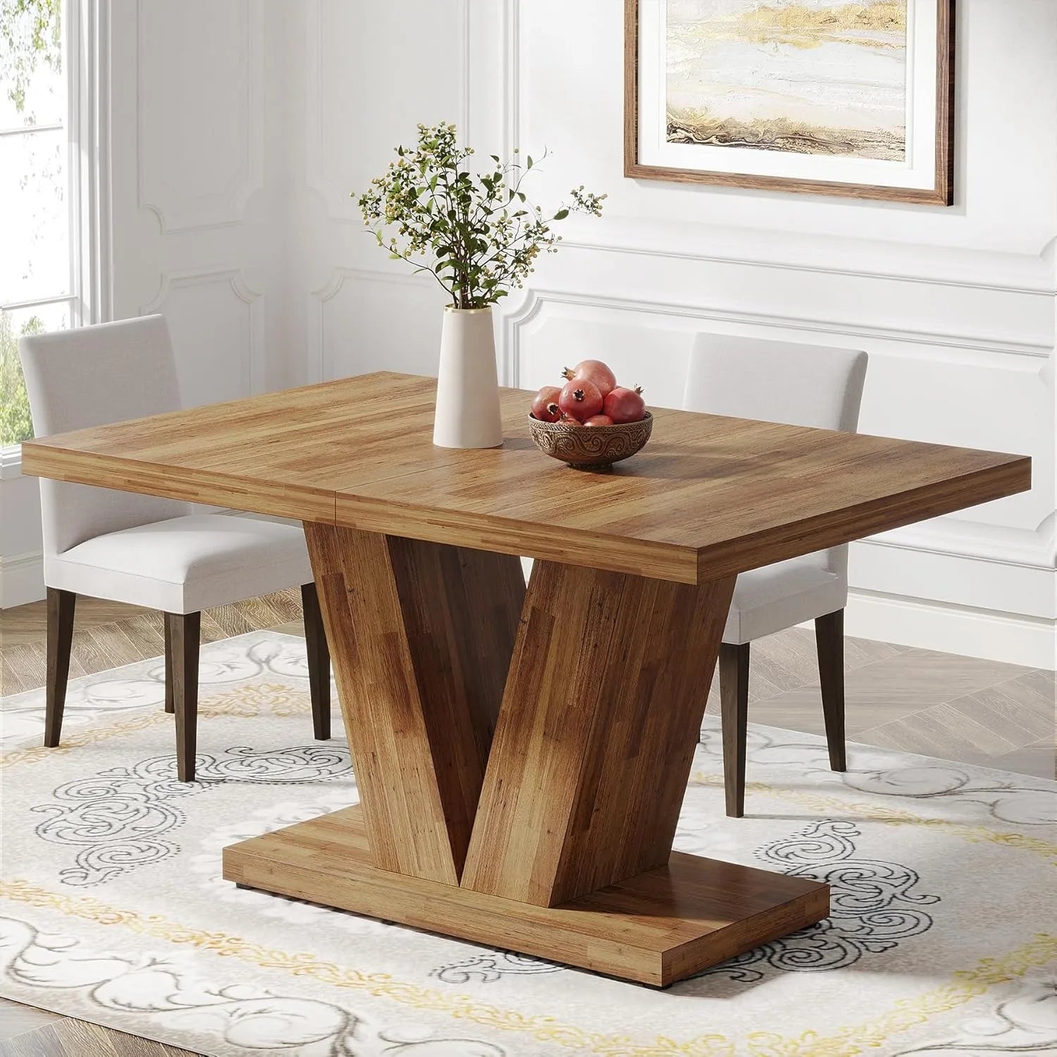 LITTLE TREE 47"Walnut Dining Table with V-Shaped Wooden Base for 4 People