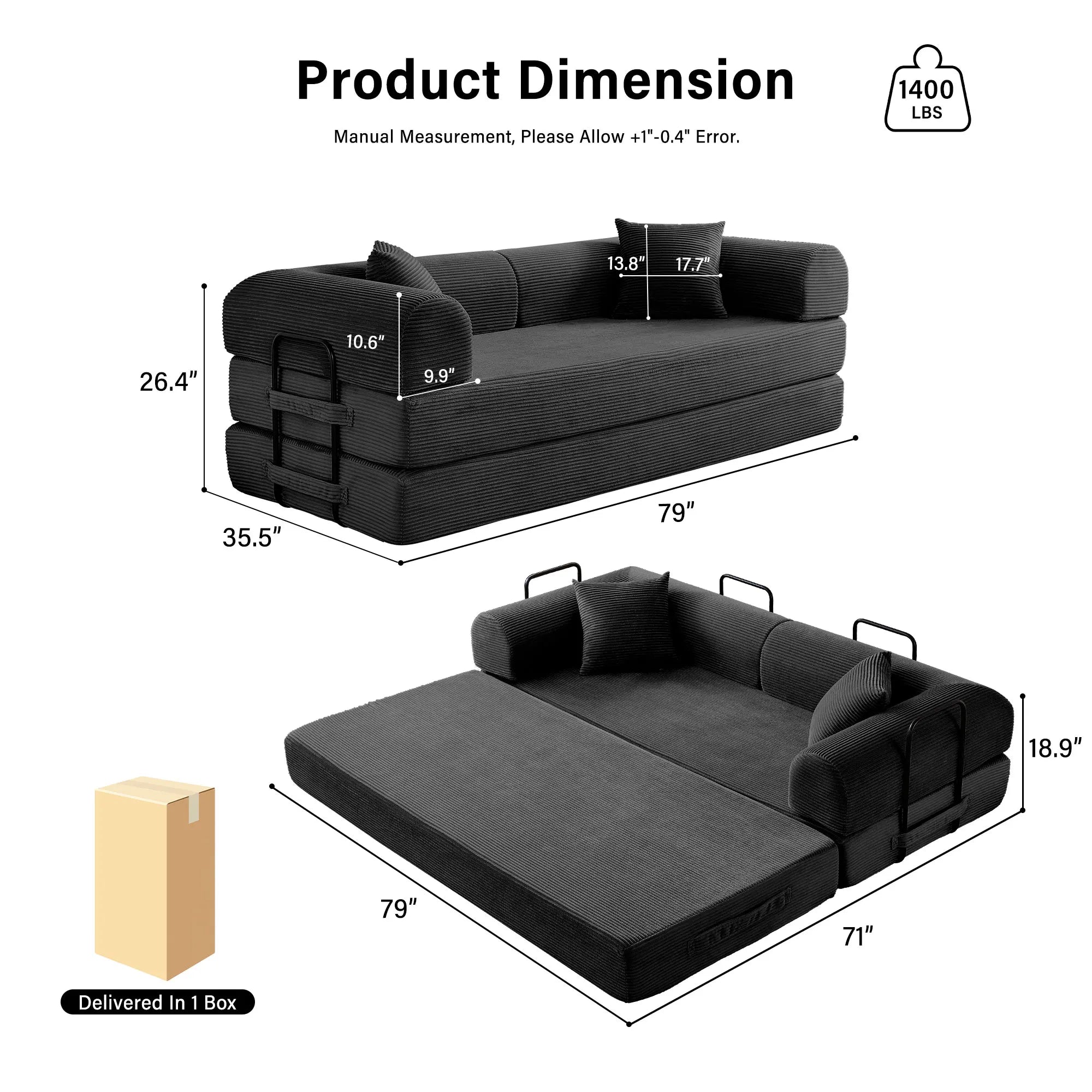 79'' Boneless Couch Convertible Futon Sleeper Sofa with L-Shaped Armrests