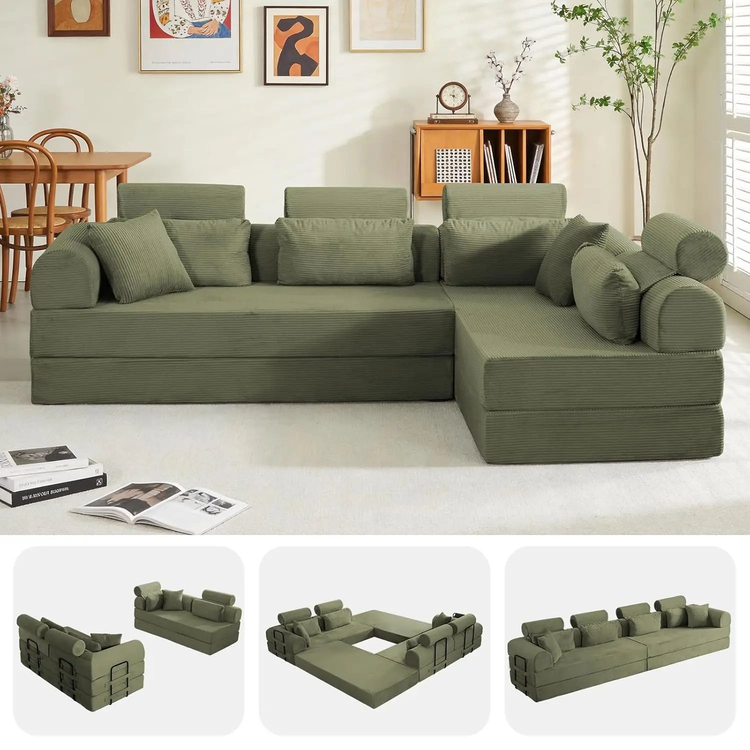 Corduroy L-Shaped Sofa with Right Facing Chaise, Boneless Couches
